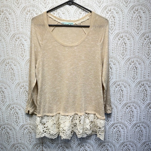 Maurices Tops - Maurices Crochet Lace Trim Top Womens XL Tan‎ Marled Knit Long Sleeve Boho